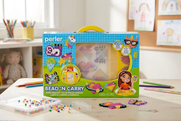 Colorful fuse beads sorted in trays with pegboards and craft tools on a table