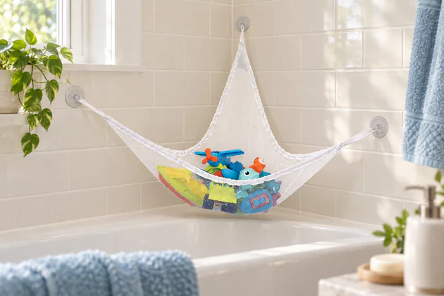 Prince Lionheart mesh bath hammock holding toys above a bathtub