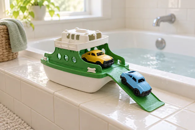 Green Toys Ferry Boat with its yellow and blue mini cars beside a bathtub