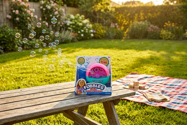 Fubbles Mini Bubble Machine on a wooden backyard table with bubbles drifting above it