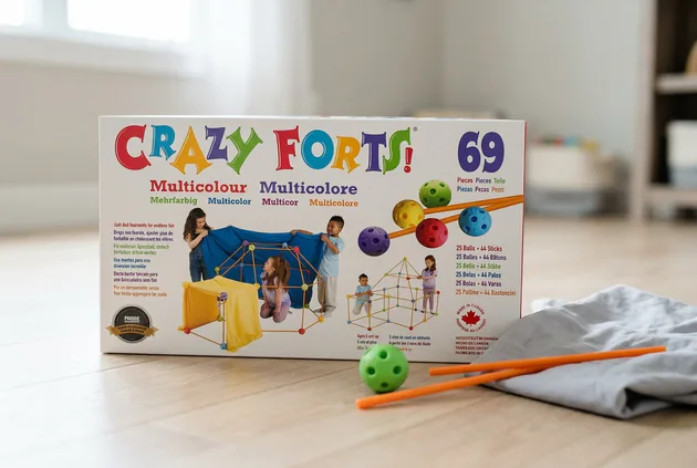 Crazy Forts Original (69 Piece, Multicolor) set up with a sheet draped over the frame in a living room