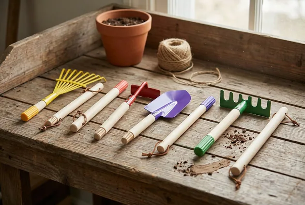 Colorful child-size gardening tools beside a damp raised bed, watering can, and empty gloves