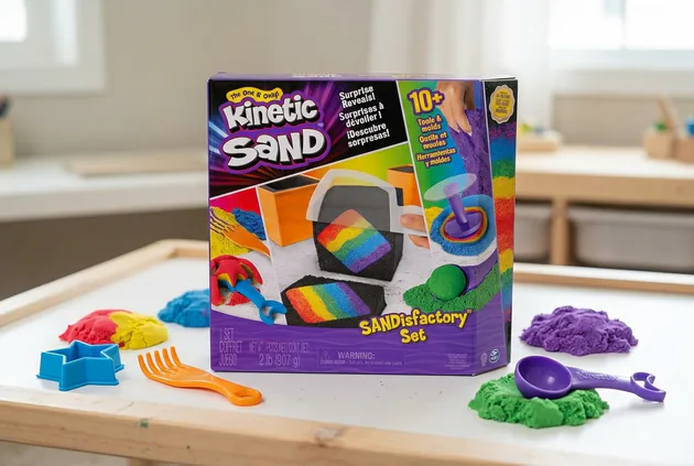 Kinetic Sand Sandisfactory box surrounded by colorful sand and tools on a classroom activity table