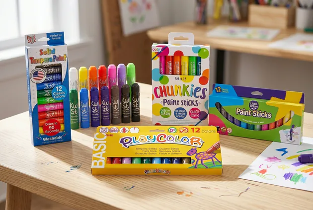 Four colorful paint stick sets arranged on a bright craft table