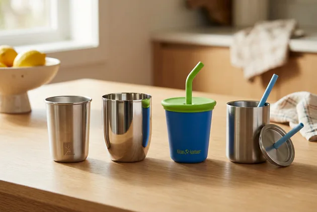 Four stainless steel kids cup picks arranged on a family kitchen table