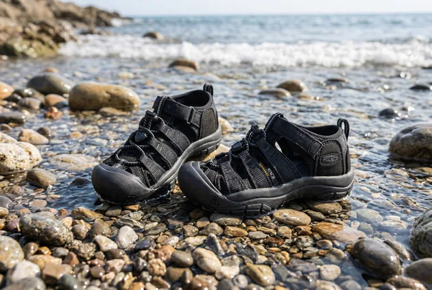 Four kids water shoes on wet pebbles at a rocky shoreline