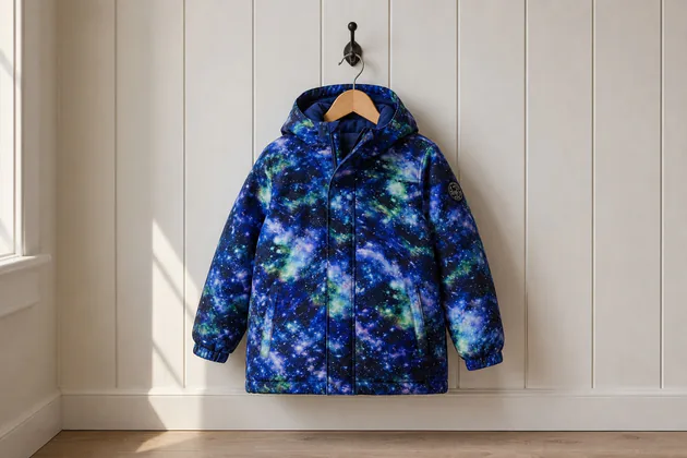 Blue galaxy-print kids winter parka hanging alone on a mudroom wall hook