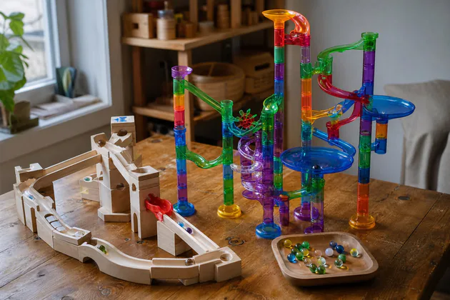 Unbranded wooden and translucent plastic marble runs assembled on a family play table