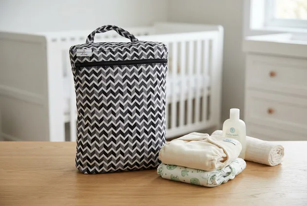 Black-and-white Kanga Care Wet Bag beside folded diapers and baby wash on a nursery table