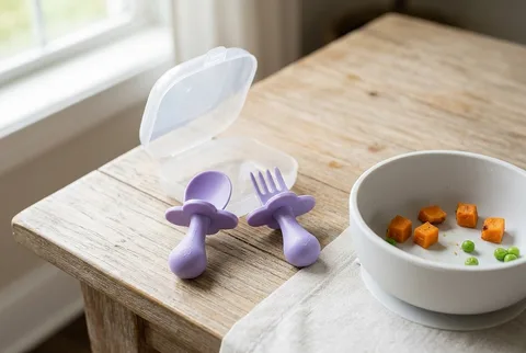 Grabease Ergonomic First Utensils in Lavender with choke guard and short handle