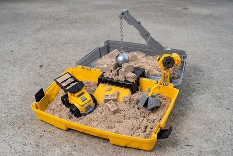 Kinetic Sand Construction Site Folding Sandbox (2 lb) unfolded box, truck, and sand in exact retailer packaging