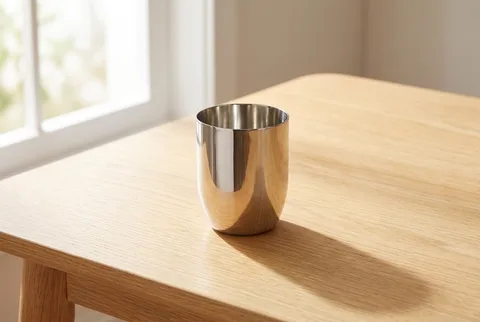 Ahimsa 8 oz Conscious Cup in polished stainless steel on a light wood table beside a bright window
