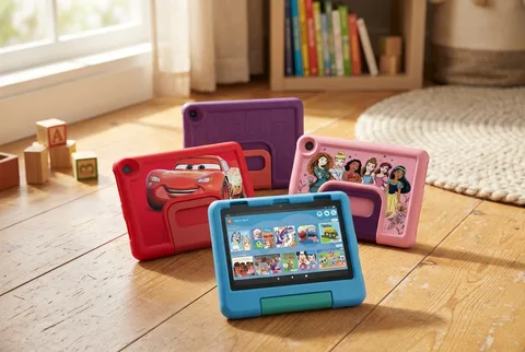 Blue Amazon Fire HD 8 Kids tablet in a kid-proof bumper case