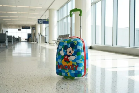 Unbranded kids hardside spinner suitcase beside an airport window