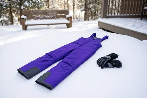 Purple Arctix Kids Insulated Snow Bib laid on snow beside black winter gloves
