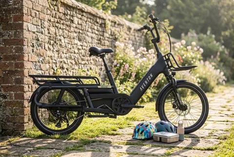 Aventon Abound LR cargo e-bike leaning against a garden wall with kids helmets and a lunch box nearby