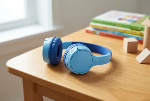 Compact purple on-ear kids headphones on a tabletop