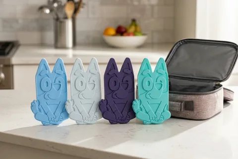 Four Bentgo character-shaped reusable ice packs in light blue, pale grey, dark purple and teal standing in a row on a kitchen counter beside an open insulated lunch box