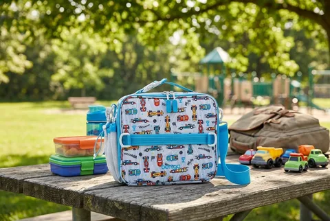 Bentgo Kids print lunch bag with a vehicle pattern on a wooden picnic table beside an open bento box