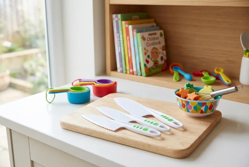 Unbranded kids kitchen tools with nylon knives, a glove, a finger guard, and cut fruit on a counter