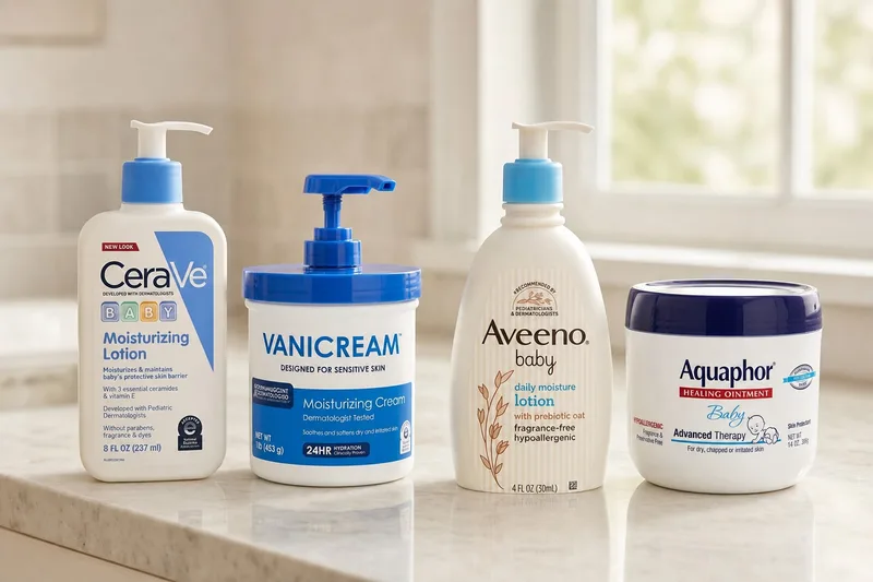 CeraVe, Vanicream, Aveeno, and Aquaphor baby moisturizers in a family bathroom