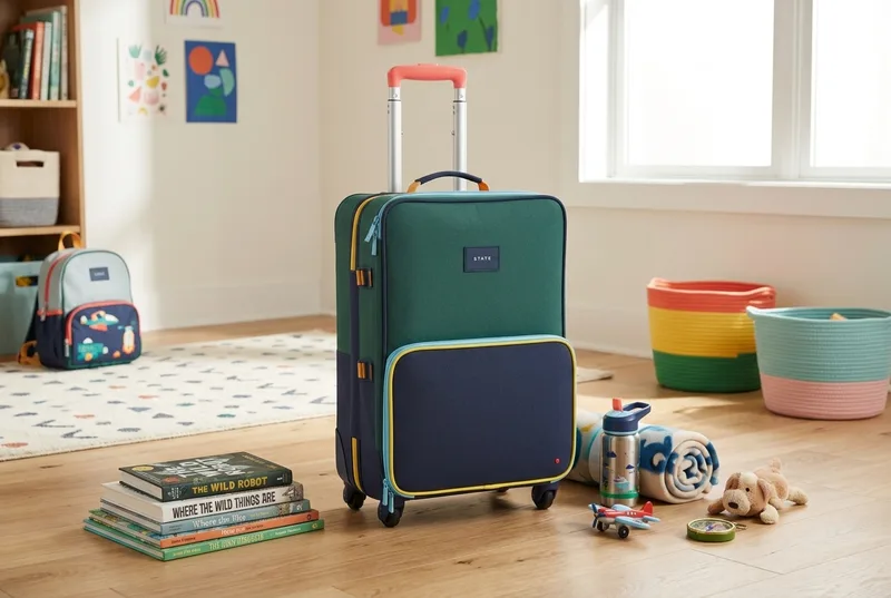 Unbranded child-size rolling suitcases with packing cubes near an entryway