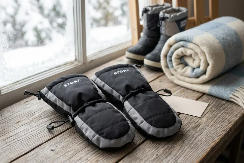 Kids snow mittens on a wooden bench in natural light