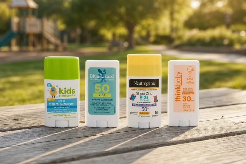 Four labeled kids sunscreen sticks on a sunlit park table