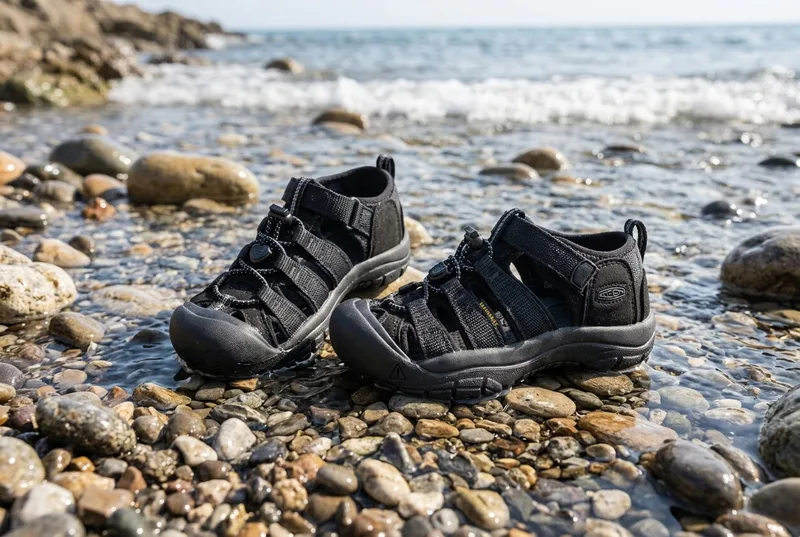 Four kids water shoes on wet pebbles at a rocky shoreline