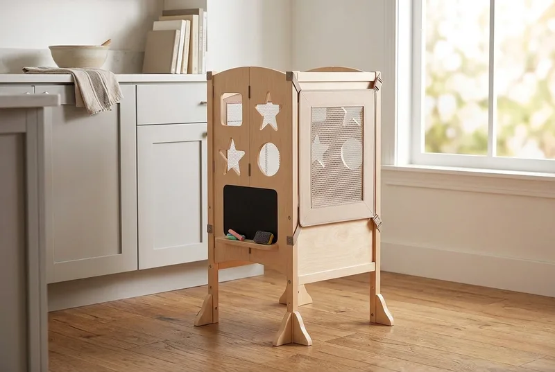 Natural wood Guidecraft Classic Kitchen Helper tower with star cutouts beside kitchen cabinets