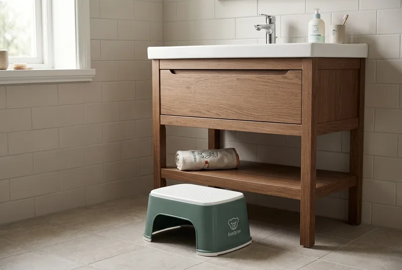 Low-profile green BabyBjörn step stool beside a standard-height bathroom vanity
