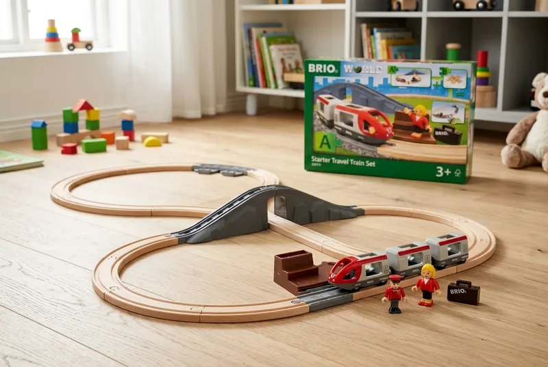 BRIO World Starter Travel Train Set box beside an assembled wooden figure-8 track with a viaduct bridge and red passenger train on a playroom floor