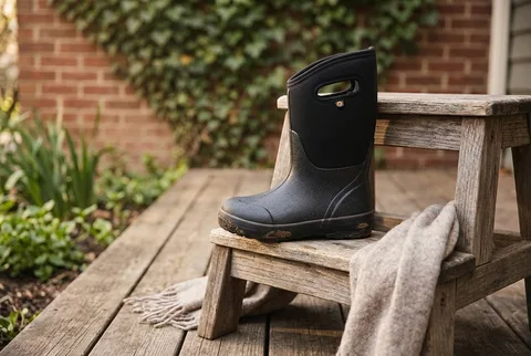 Insulated neoprene-style kids rain boots on a wet entryway floor