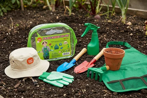 Born Toys kids gardening set with apron, sun hat, gloves, hand tools, spray bottle, and carry bag