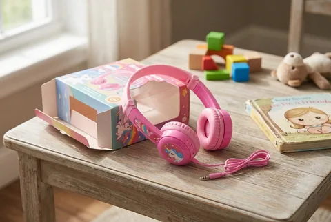 Wired kids travel headphones with a cable near a packing bag