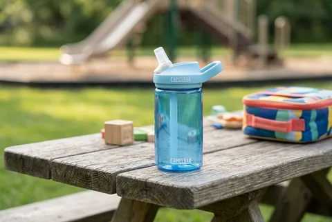Lightweight kids plastic water bottle with a bite-valve straw lid
