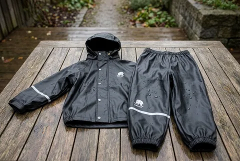Black CeLaVi Basic Rainwear Set with hooded jacket, pants, reflective trim, and visible CeLaVi logos