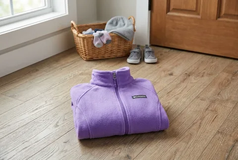 Purple Columbia Benton Springs fleece jacket folded on a wooden entry bench beside small shoes