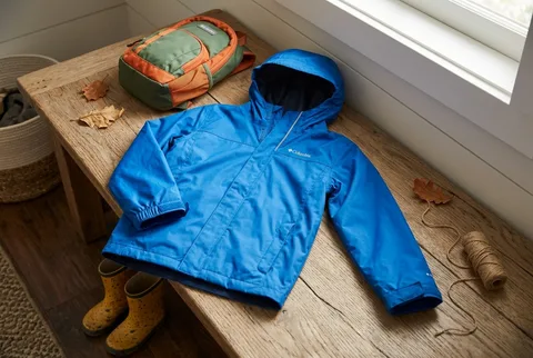 Blue Columbia Watertight II kids rain jacket laid on a wooden table beside boots and a packed daypack
