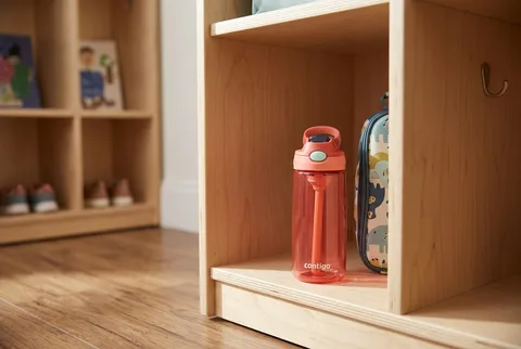 Kids water bottle with a push-button leak-resistant lid