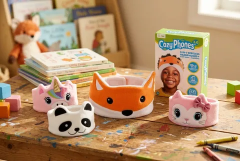 Soft fabric kids headband headphones with flat speaker discs and a cable