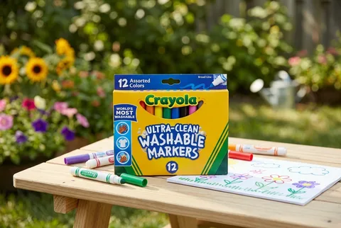 Crayola Ultra-Clean Washable Markers 12-count box on a wooden garden table with loose markers and a drawing