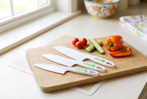 Curious Chef 3-Piece nylon kids knives on a kitchen counter