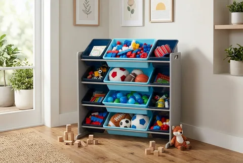Grey-frame Delta Children organizer with twelve blue bins holding blocks, balls, and books
