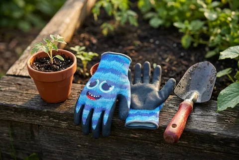 Blue Digz Kids Nitrile Gloves showing the patterned knit back and coated palm