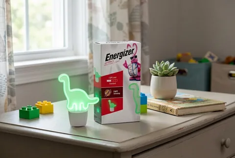 Energizer Dinosaur LED Night Light plugged into a child bedroom wall outlet