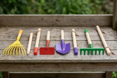 G & F Products 10019 four-piece kids garden tool set with multicolored long handles