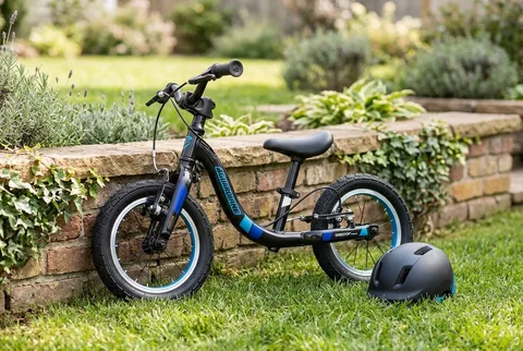 Black and blue Guardian Balance Bike leaning against a low brick garden wall, helmet on the grass
