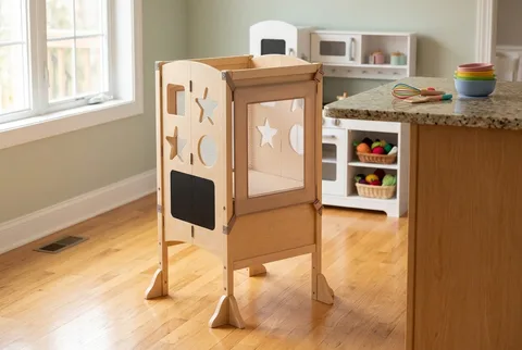 Guidecraft Classic Kitchen Helper wooden learning tower beside a kitchen counter