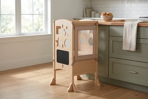 Natural wood Guidecraft kitchen helper tower beside a kitchen counter